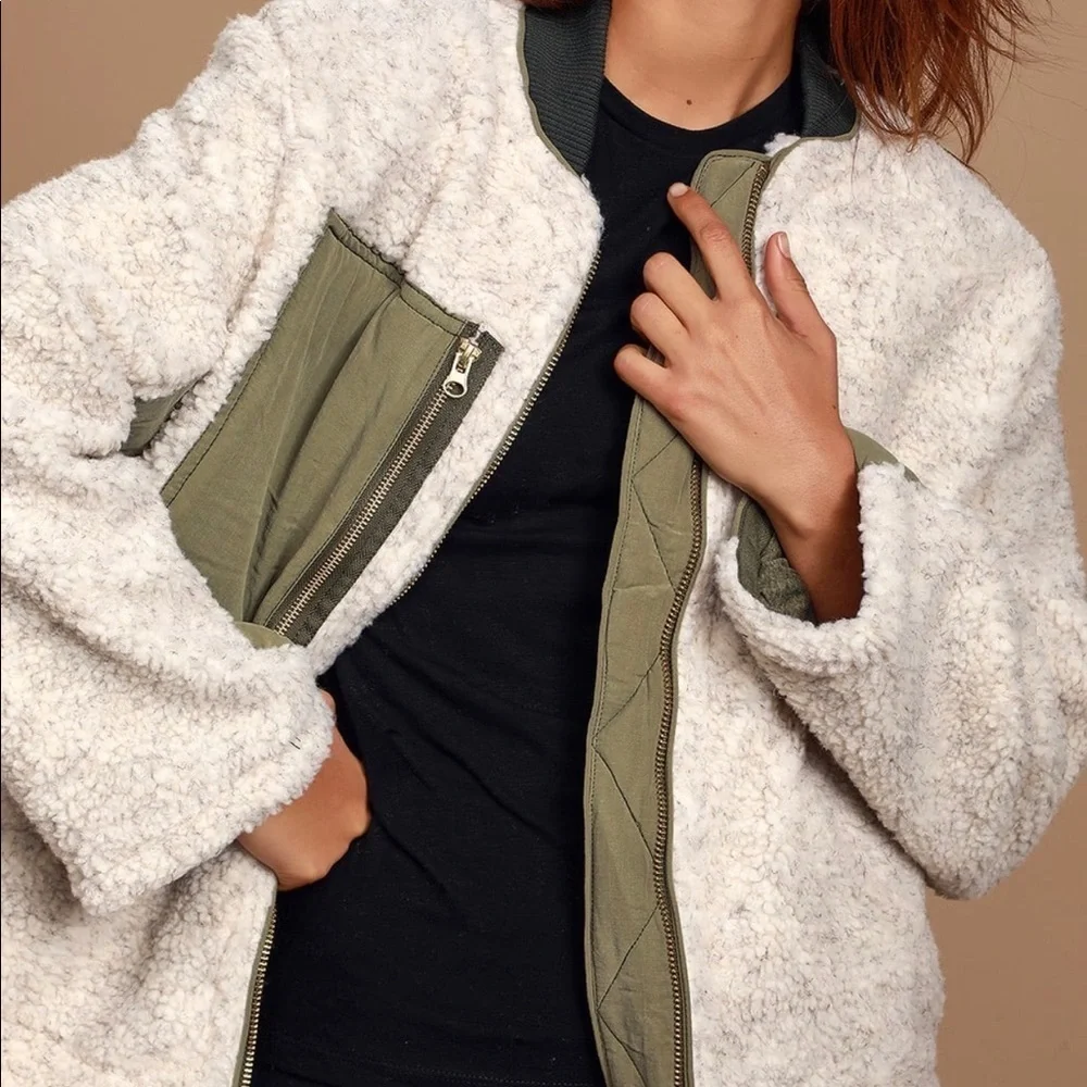 FREE People Large Riverton olive & cream Sherpa jacket